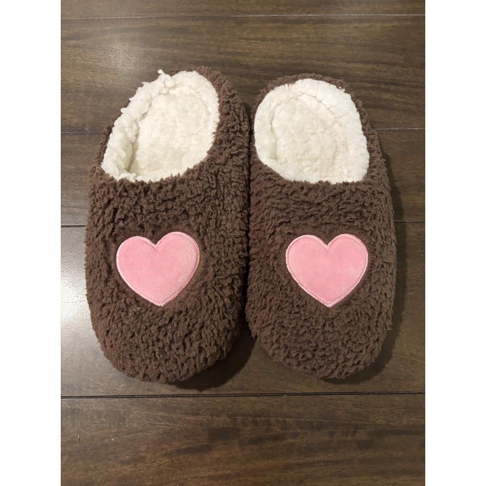 Brown Sherpa Heart Slippers Pink Velvet Patch Plush House Shoes Cozy Loungewear